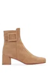 Roger Vivier Suede Buckle Block Heel Ankle Bootie In Neutral
