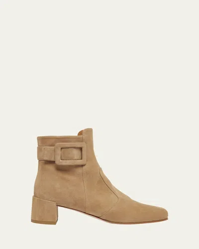 Roger Vivier Tres Vivier Suede Buckle Ankle Booties In Brown
