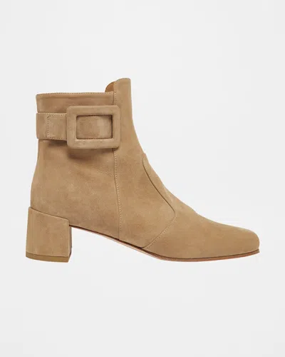 Roger Vivier Tres Vivier Suede Buckle Ankle Booties In Brown