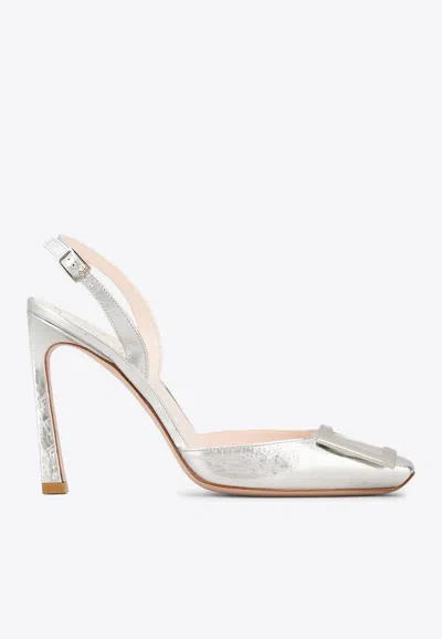 Roger Vivier Trompette 100 Metal Buckle Slingback Pumps In Leather In Silver