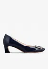 Roger Vivier Trompette 45 Metal Buckle Pumps In Patent Leather In Blue