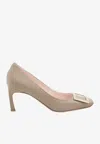 Roger Vivier Trompette 70 Square-buckle Leather Pumps In Beige