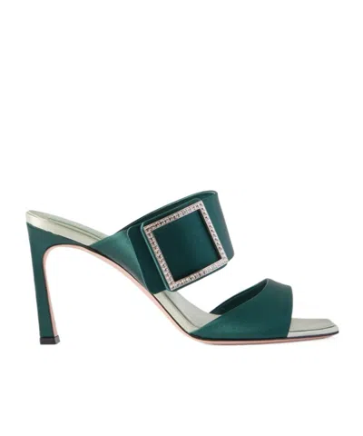 Roger Vivier Trompette 85 Crystal-embellished Satin Mules In Green
