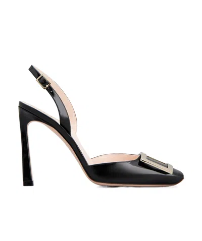 ROGER VIVIER TROMPETTE METAL BUCKLE SLINGBACK PUMPS IN PATENT LEATHER