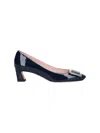 Roger Vivier Pointed Toe Patent Finish Square Buckle Pumps In Blue
