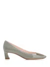 Roger Vivier Glossy Grey Calfskin Pumps With Square Wide Heel In Green