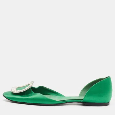 Pre-owned Roger Vivier Trompette Size 39 Green Satin Crystals D'orsay Ballet Flats
