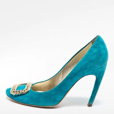 Roger Vivier Turquoise Blue Suede Chain Detail Round Toe Pumps