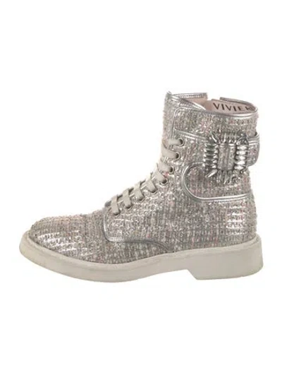 Pre-owned Roger Vivier Tweed Crystal Embellishments Combat Boots