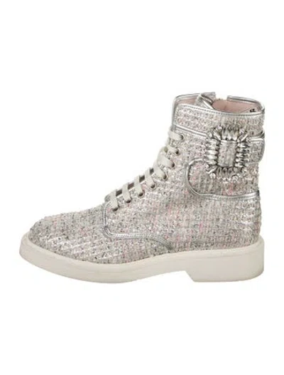 Pre-owned Roger Vivier Tweed Crystal Embellishments Combat Boots
