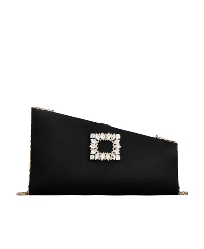 Roger Vivier Twinkle Asymmetrical Buckle Embellished Clutch Bag In Black