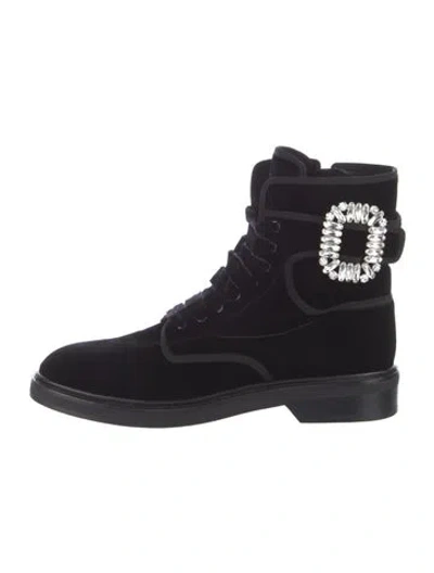 Pre-owned Roger Vivier Velvet Crystal Embellishments Lace-up Boots In Black