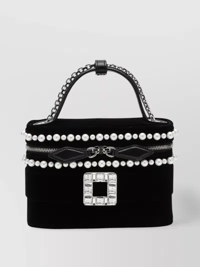 Roger Vivier Velvet Vanity Bag With Beads And Rhinestone Buckle In Silver