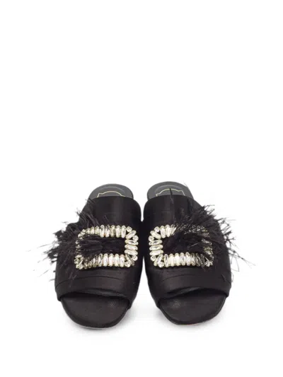 Pre-owned Roger Vivier Vintage Crystal-embellished Feather-trim Slides In Black