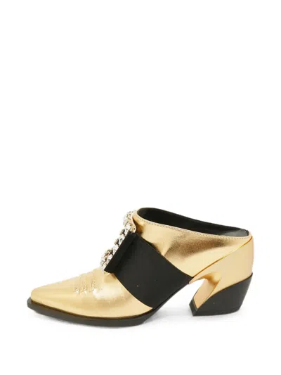Pre-owned Roger Vivier Vintage Crystal-embellished Mules In Gold