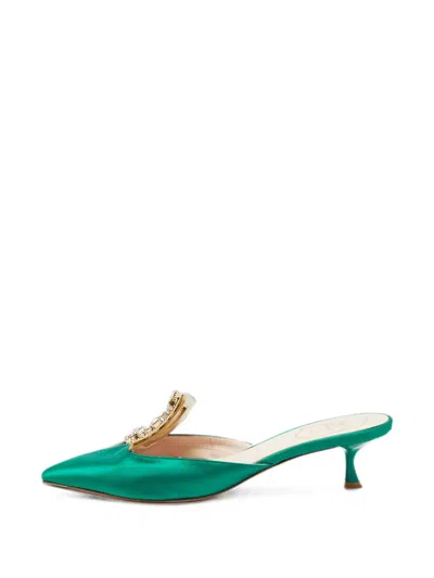 Pre-owned Roger Vivier Vintage Rv Broche Crystal-embellished Mules In Green