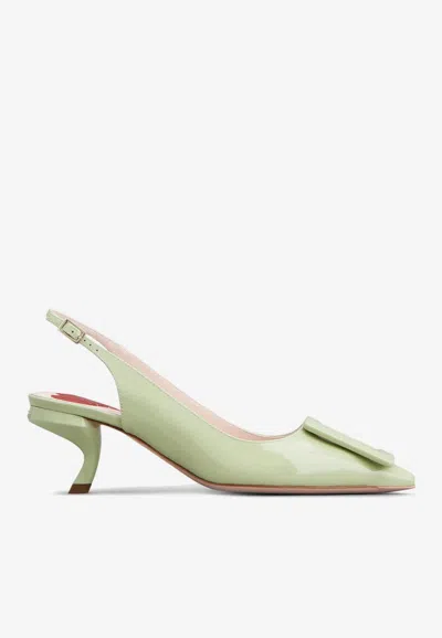 Roger Vivier Virgule 55 Buckle Slingback Pumps In Patent Leather In Green