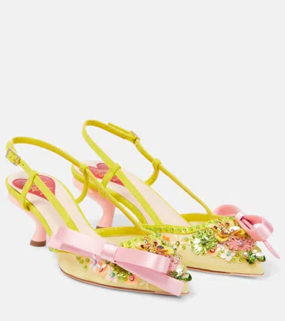 Roger Vivier Virgule Embellished Satin Slingback Pumps In Avorio/limone Medio/aurora