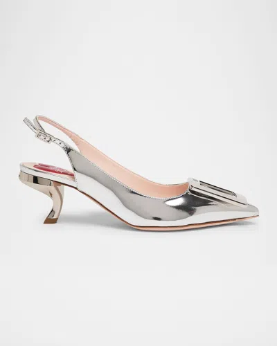 Roger Vivier Virgule Metallic Buckle Slingback Pumps In Argento