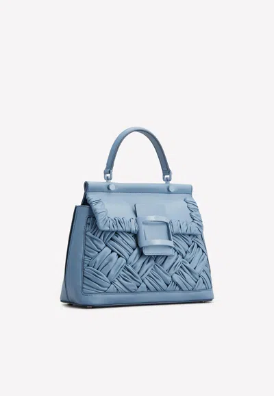Roger Vivier Viv' Cabas Foulard Lacquered Buckle Bag In Soft Leather In Blue