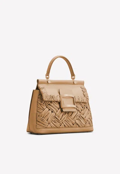Roger Vivier Viv' Cabas Foulard Lacquered Buckle Bag In Soft Leather In Brown