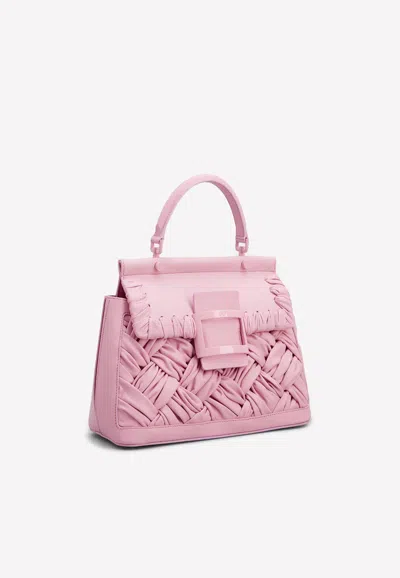 Roger Vivier Viv' Cabas Foulard Lacquered Buckle Bag In Soft Leather In Pink