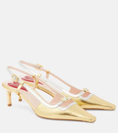 ROGER VIVIER VIV' CANARD METALLIC LEATHER SLINGBACK PUMPS
