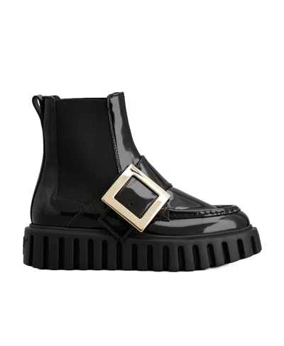 Roger Vivier Viv' Go-thick Metal Buckle Chealsea Ankle Boots In Patent Leather In Black