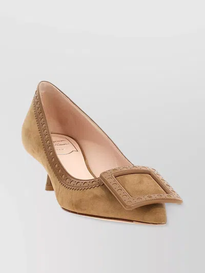 Roger Vivier 'viv' Pumps City Buckle Kitten Perforated Suede In Brown
