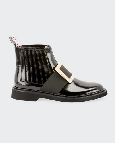 Roger Vivier Viv Ranger Patent Leather Pilgrim Buckle Booties In Black