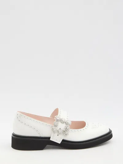 Roger Vivier Viv' Rangers Flower Leather Mary Jane Flats In White