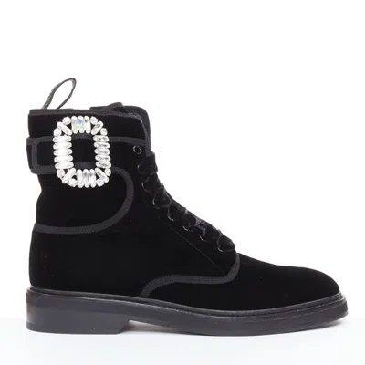 Roger Vivier Viv Rangers Black Velvet Crystal Buckle Combat Boots