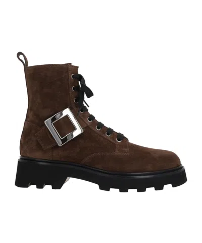 Roger Vivier Viv' Rangers Combat Boots In Suede In Brown