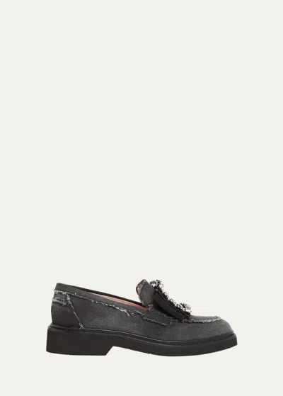 Roger Vivier Viv Rangers Crystal-embellished Denim Loafers In Grey