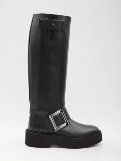 Roger Vivier High Leather Knee-length Boots With Adjustable Side Strap In Black