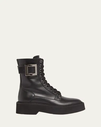 ROGER VIVIER VIV RANGERS LEATHER BUCKLE COMBAT BOOTS