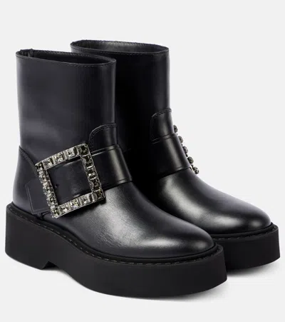 Roger Vivier Viv' Rangers Leather Combat Boots In Black