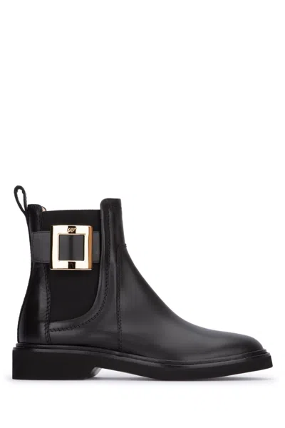 Roger Vivier 25mm Viv Rangers Leather Ankle Boots In Nero