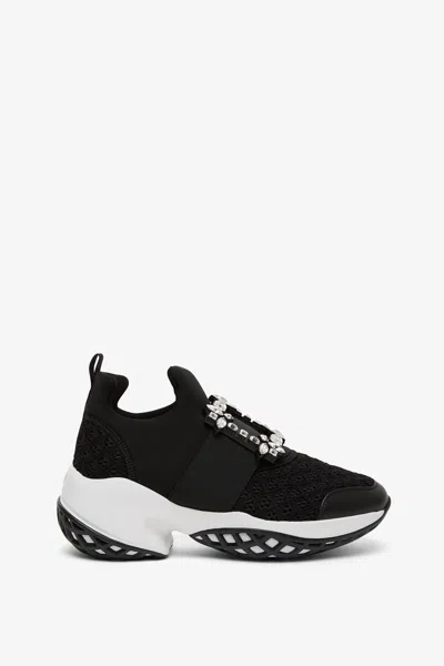 Roger Vivier Roger Viv Mesh Crystal Embellished Slip On Trainers In Black Nylon