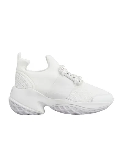 Roger Vivier Viv' Run White Trainers In Technical Fabric With Rhinestone Buckle In Bianco