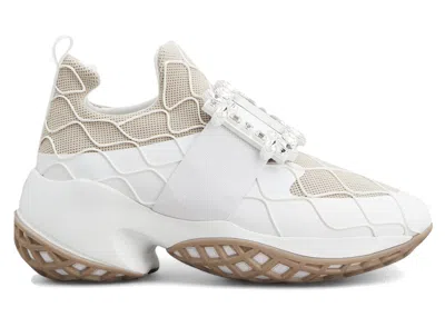 Pre-owned Roger Vivier Viv' Run Fabric Crystal Buckle (women's) Sneakers In White/beige