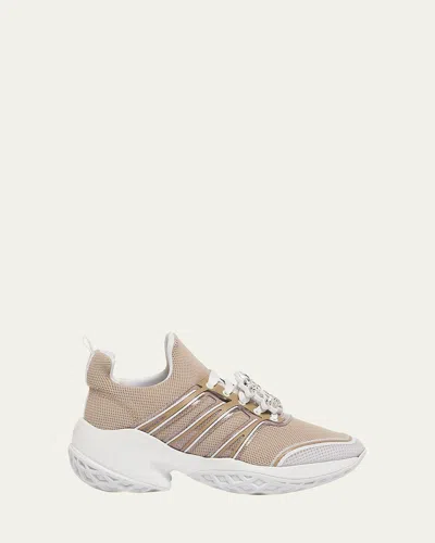 Roger Vivier Viv Run Strass Buckle Knit Lace-up Sneakers In Fallow Deer