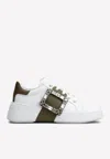 Roger Vivier Viv' Skate Crystal Buckle Sneakers In Soft Leather In Khaki