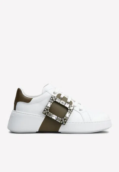 Roger Vivier Viv' Skate Crystal Buckle Sneakers In Soft Leather In Khaki