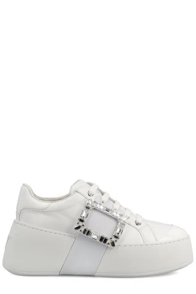 Roger Vivier Viv Skate Crystal-embellished Rubber-trimmed Leather Sneakers In White