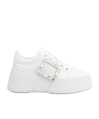 Roger Vivier Viv Skate Crystal-embellished Rubber-trimmed Leather Sneakers In White