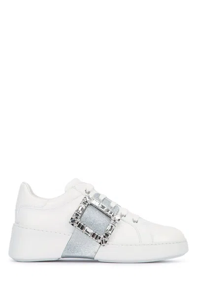 Roger Vivier Viv Skate Crystal-embellished Rubber-trimmed Leather Sneakers In White