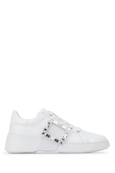 Roger Vivier Viv Skate Crystal-embellished Rubber-trimmed Leather Sneakers In White