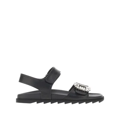 Roger Vivier Embellished Flat Sole Open Toe Sandals In Black