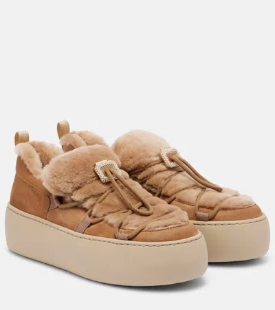 Roger Vivier Viv' Up Embellished Shearling And Suede Sneakers In Brown